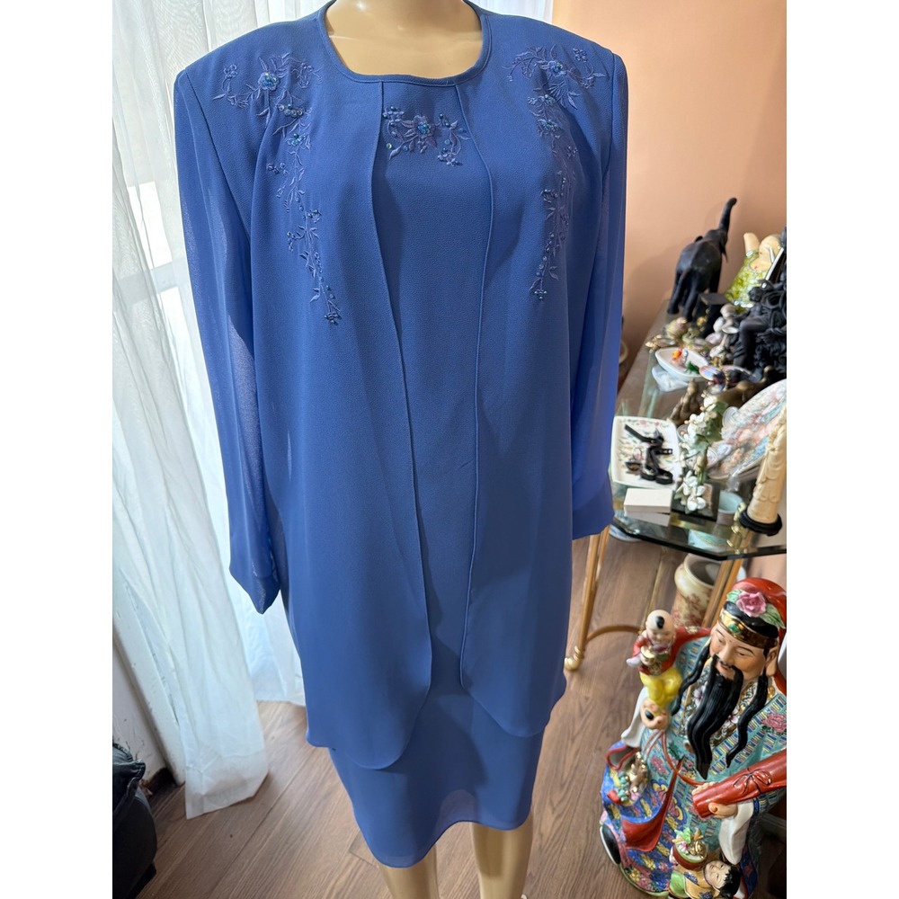 Virgo Blue Embroidered Beaded Dress and Jacket Set 2 Piece Size 12 Formal